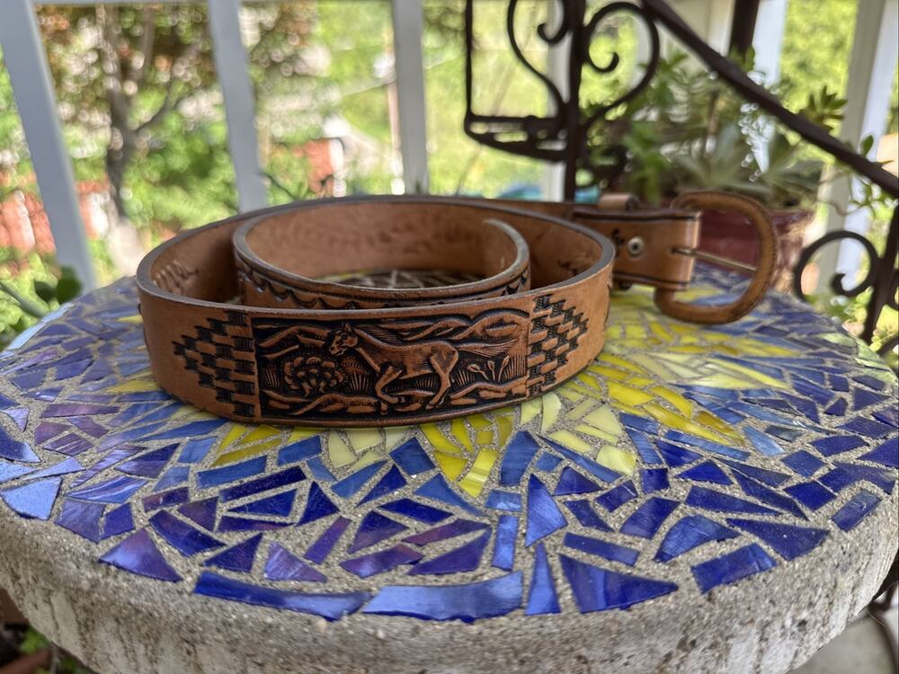 Vintage Hand Tooled Leather Belt Horse Motif and Intricate Lacing Size 38